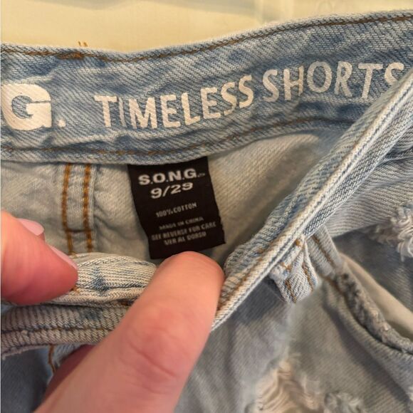 Blue Jean Cut-Off Shorts with Frayed Hem and Distressing - Picture 3 of 4